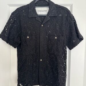 Anderson Bell black sheer floral pattern button down short sleeve top